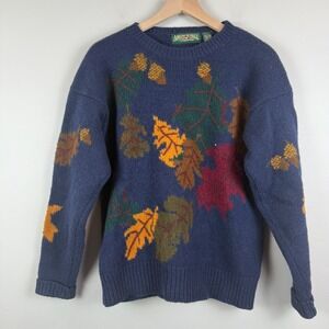 American Eagle 100% Wool Sweater Men's M‎ Navy Autumn Leaf Print Cabin Cozycore